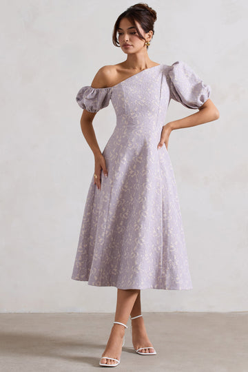 Lottie Mauve Lace Asymmetric Puff-Sleeve Maxi Dress